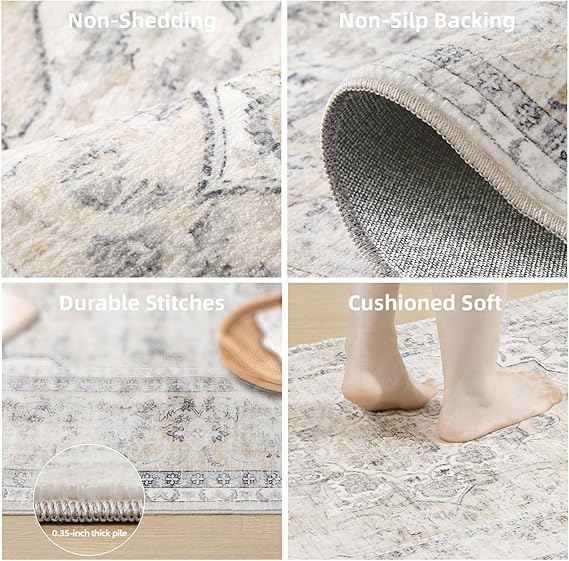 FLICKERGIFT 8x10 Area Rugs for Living Room: Washable Rug Non Slip Low Pile Soft Faux Wool Non Shedding Vintage Boho Large Carpet Rugs for Bedroom Dining Room Kitchen Nursery Under Table Home Office Farmhouse