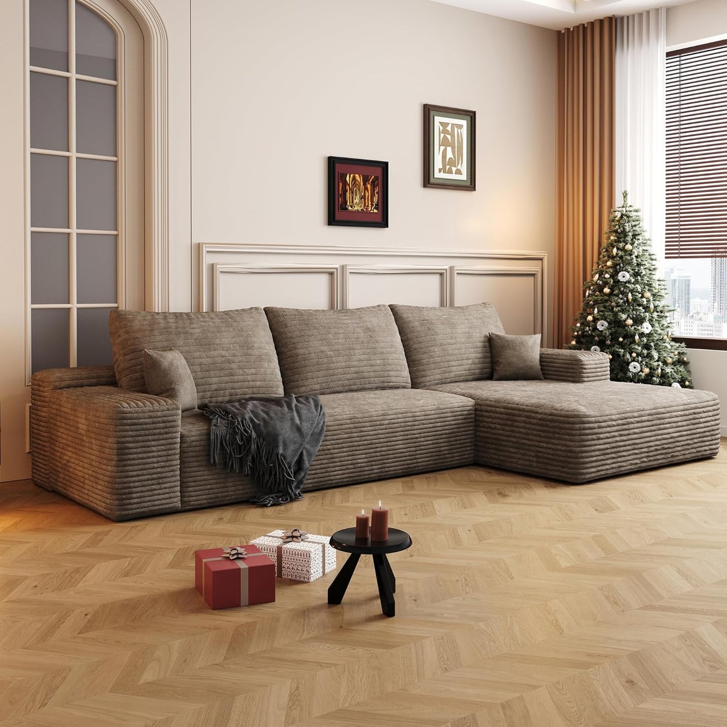 FLICKERGIFT 108" Sectional Couches for Living Room Modern Modular Sofa with L-Shape Couchs Upholstered Boneless Couch Deep Seat Sectional Couch with Chaise (Camel, Right Facing Chaise+2Seaters)