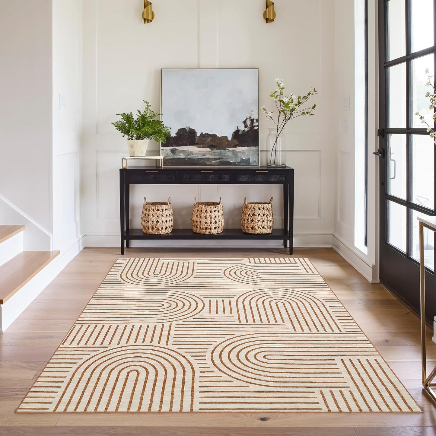 FLICKERGIFT Washable Rug 6x9 Area Rugs for Living Room, Abstract Rug for Bedroom, Soft Rainbow Non Slip Throw Rugs with Rubber, Low Pile Stain Resistant Boho Geometric Carpet for Dining Room, Orange