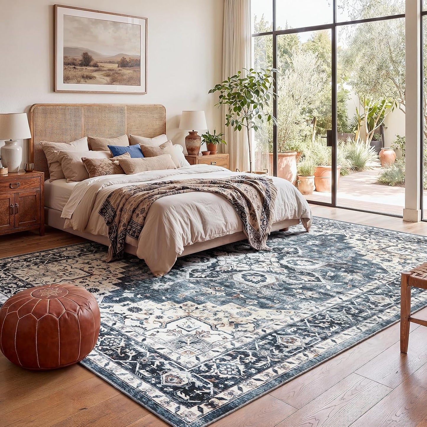 FLICKERGIFT HOMEFURNISHING 8x10 Washable Area Rug, Low-Profile with Non-Slip Backing & Durable Edge Binding, Vintage Large Rugs for Living Room, Bedroom, Dining Room, Blue