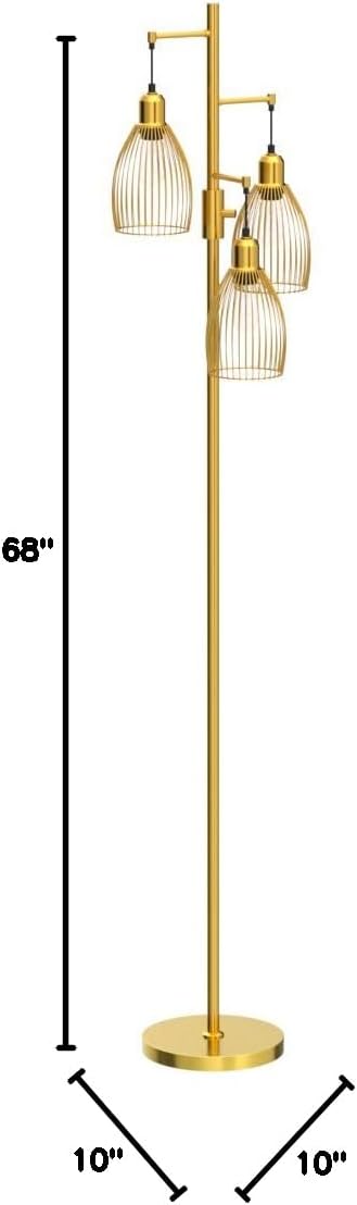 WAF-TOP Dimmable Gold Floor Lamps for Living Room, 3 Light Tall Floor Lamps for Bedroom with 3 Elegant Teardrop Cage Heads & 800 Lumens LED Edison Bulbs, for Living & Reading Room, Bedroom, Office & Nursery