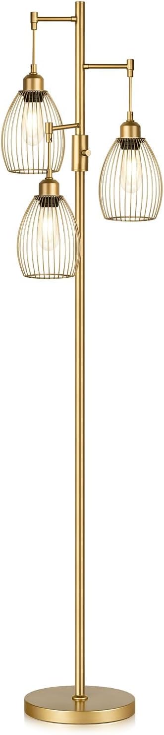 WAF-TOP Dimmable Gold Floor Lamps for Living Room, 3 Light Tall Floor Lamps for Bedroom with 3 Elegant Teardrop Cage Heads & 800 Lumens LED Edison Bulbs, for Living & Reading Room, Bedroom, Office & Nursery