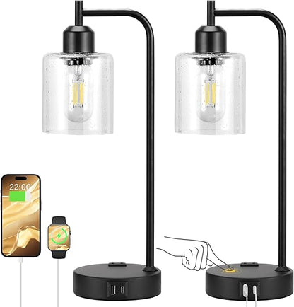 WAF-TOP Industrial Touch Table Lamps for Bedrooms Set of 2 - 3-Way Dimmable Lamps with USB C+A Ports and Outlet, Black Bedside Lamps with Seeded Clear Glass Shade for Living Room, Desk Lamps for Home Office