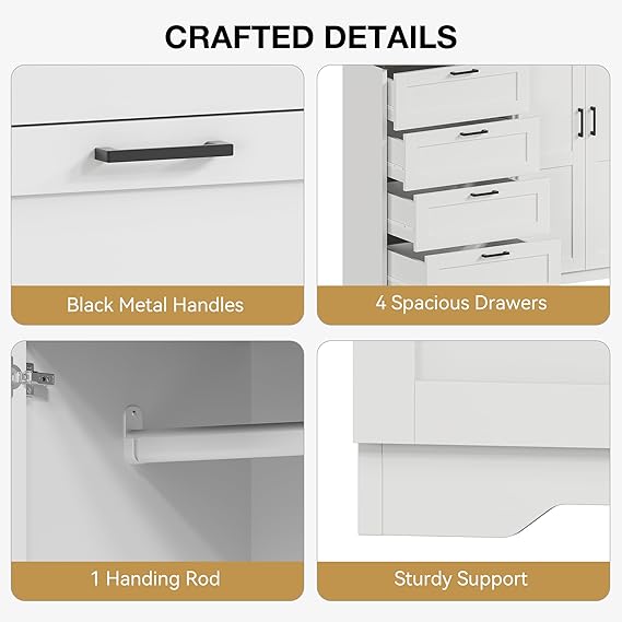 WAF-TOP 43.3'' H Armoire Wardrobe Closet with 4 Drawers and 2 Doors, Hanging Rod, Multifunctional Wooden Dresser with Storage Closet, Bathroom Cabinet for Bedroom, White