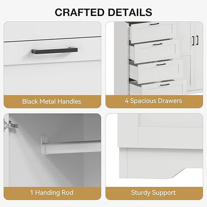 WAF-TOP 43.3'' H Armoire Wardrobe Closet with 4 Drawers and 2 Doors, Hanging Rod, Multifunctional Wooden Dresser with Storage Closet, Bathroom Cabinet for Bedroom, White