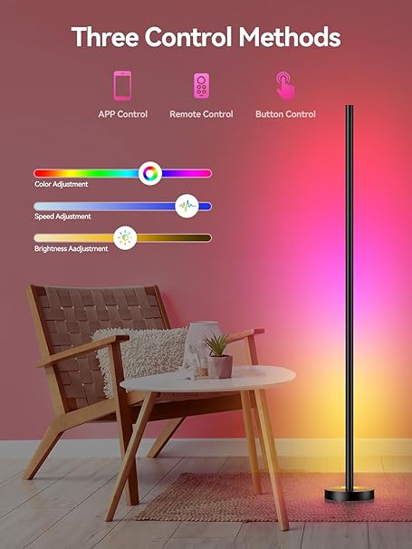 WAF-TOP Smart RGBICW LED Corner Floor Lamp - 16 Million DIY Colors, 68+ Scenes, Music Sync, App & Remote Control, Color-Changing Ambient Lighting for Living Rooms, Bedrooms, and Gaming Rooms