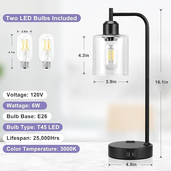 WAF-TOP Industrial Touch Table Lamps for Bedrooms Set of 2 - 3-Way Dimmable Lamps with USB C+A Ports and Outlet, Black Bedside Lamps with Seeded Clear Glass Shade for Living Room, Desk Lamps for Home Office