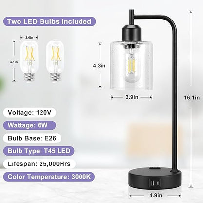 WAF-TOP Industrial Touch Table Lamps for Bedrooms Set of 2 - 3-Way Dimmable Lamps with USB C+A Ports and Outlet, Black Bedside Lamps with Seeded Clear Glass Shade for Living Room, Desk Lamps for Home Office