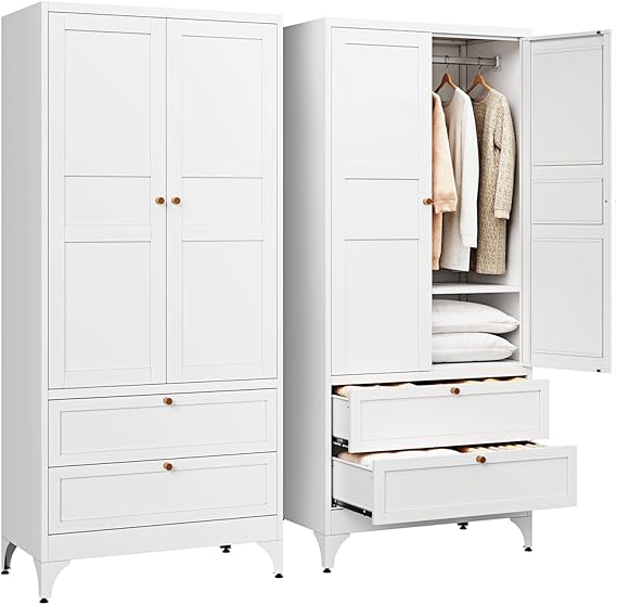 WAF-TOP Metal Armoire Wardrobe Closet with 2 Drawers,18" Deep Clothing Storage Cabinet with Doors and Shelves,Coat Closet with Hanging Rod,Bedroom,Home,Cloak Room,White