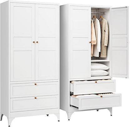 FLICKERGIFT Metal Armoire Wardrobe Closet with 2 Drawers,18" Deep Clothing Storage Cabinet with Doors and Shelves,Coat Closet with Hanging Rod,Bedroom,Home,Cloak Room,White