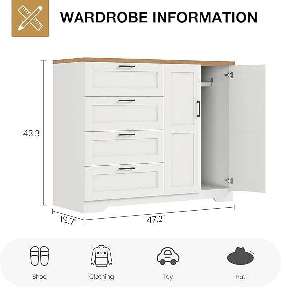 WAF-TOP 43.3'' H Armoire Wardrobe Closet with 4 Drawers and 2 Doors, Hanging Rod, Multifunctional Wooden Dresser with Storage Closet, Bathroom Cabinet for Bedroom, White