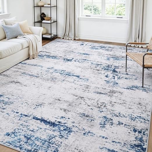 FLICKERGIFT Area Rug Living Room Rugs: 5x7 Large Soft Indoor Carpet Modern Abstract Rug with Non Slip Rubber Backing for Under Dining Table Nursery Home Office Bedroom White Gray Blue