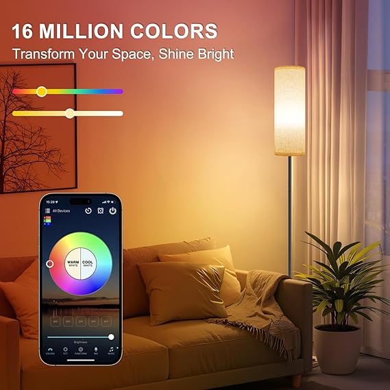 Waf-top HOME Floor Lamp, 9W 800LM Color Changing Smart Lamp with Music Sync, App & Remote Control, Adjustable Brightness & Color Temperature Standing Light for Living Room Bedroom Gaming, Beige Shade