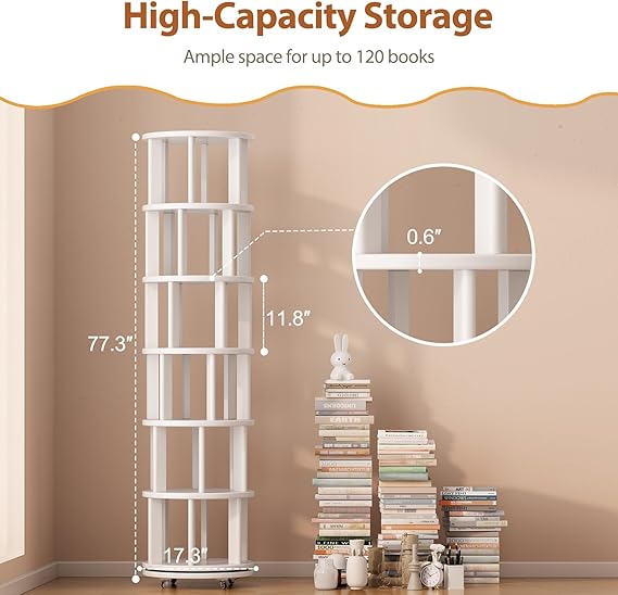 WAF-TOP Solid Wood Rotating Bookshelf on Wheels, 6 Tier, Round Revolving Bookcase, 360° Spinning Book Shelf Tower for Kids, Narrow Rolling Bookshelves for Small Space, Corner, Bedroom, Office, White