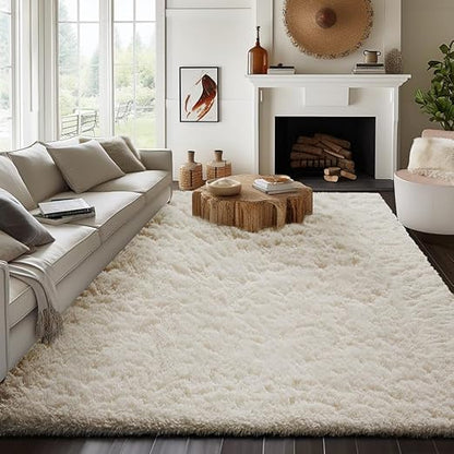 FLICKERGIFT 8x10 Area Rugs for Living Room, Washable Non-Slip Fluffy Soft Large Shag Bedroom Carpet, Ivory Big Indoor Nursery Rug, Carpets for Boy and Girls Room Dorm Home Decor Aesthetic
