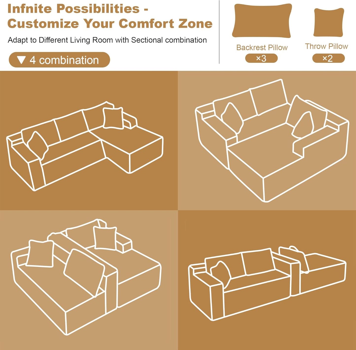 FLICKERGIFT 108" Sectional Couches for Living Room Modern Modular Sofa with L-Shape Couchs Upholstered Boneless Couch Deep Seat Sectional Couch with Chaise (Camel, Right Facing Chaise+2Seaters)