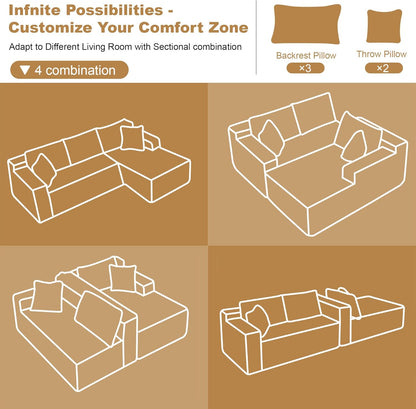 FLICKERGIFT 108" Sectional Couches for Living Room Modern Modular Sofa with L-Shape Couchs Upholstered Boneless Couch Deep Seat Sectional Couch with Chaise (Camel, Right Facing Chaise+2Seaters)