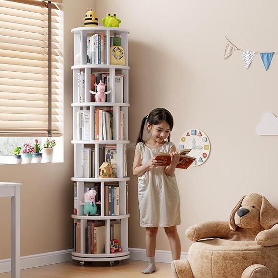 WAF-TOP Solid Wood Rotating Bookshelf on Wheels, 6 Tier, Round Revolving Bookcase, 360° Spinning Book Shelf Tower for Kids, Narrow Rolling Bookshelves for Small Space, Corner, Bedroom, Office, White