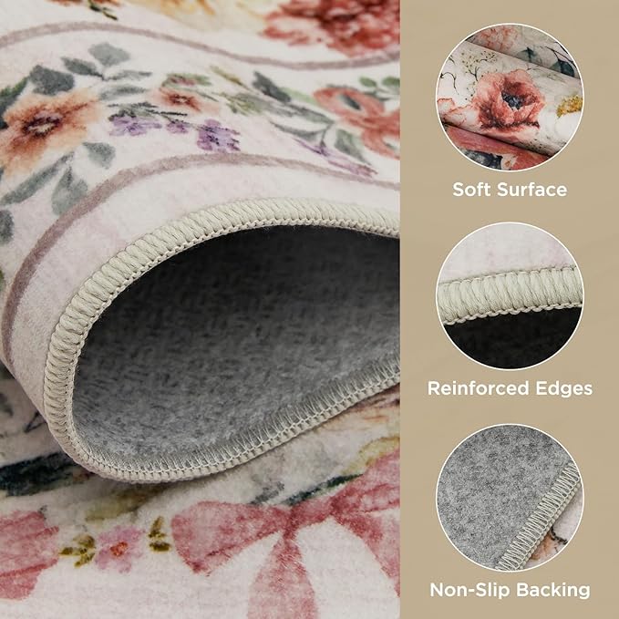 FLICKERGIFT Floral Bow Print 8x10 Area Rugs, Washable Pink Rugs for Bedroom Girls Nursery, Boho Ultra-Thin Soft Non Slip Carpet for Playroom Kids Room Living Room Classroom Decor, Light Pink