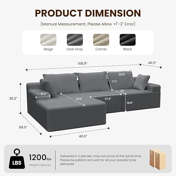 WAF-TOP 108" Boneless Sectional Couch,Corduroy Cloud Couch Sectional for Living Room,Modern L Shaped Modular Sectional Couch,3 Seater Sofa (Dark Gray, 108.9" L Shaped with Left Facing Chaise)