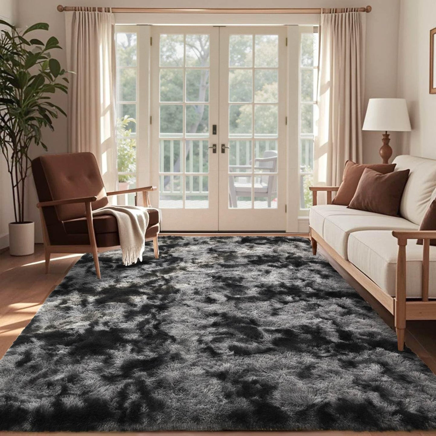 FLICKERGIFT  6x9 Ft Large Shag Rugs for Living Room Decor, Tie-Dyed Ultra Soft Fluffy Furry Area Rugs for Bedroom Indoor Floor, Aesthetic Carpet for Kids Home (Dark Grey)
