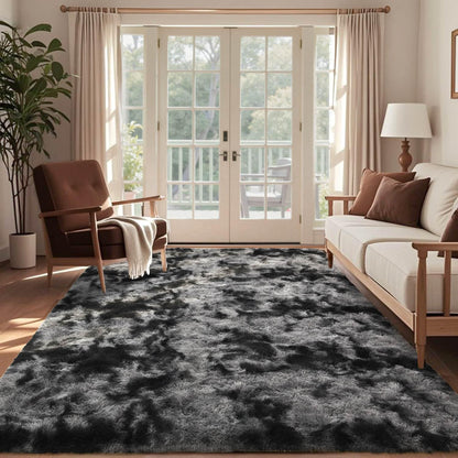FLICKERGIFT  6x9 Ft Large Shag Rugs for Living Room Decor, Tie-Dyed Ultra Soft Fluffy Furry Area Rugs for Bedroom Indoor Floor, Aesthetic Carpet for Kids Home (Dark Grey)