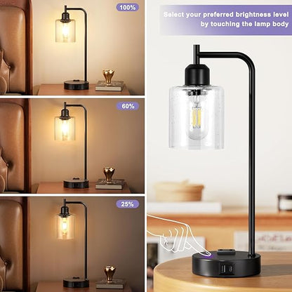 WAF-TOP Industrial Touch Table Lamps for Bedrooms Set of 2 - 3-Way Dimmable Lamps with USB C+A Ports and Outlet, Black Bedside Lamps with Seeded Clear Glass Shade for Living Room, Desk Lamps for Home Office