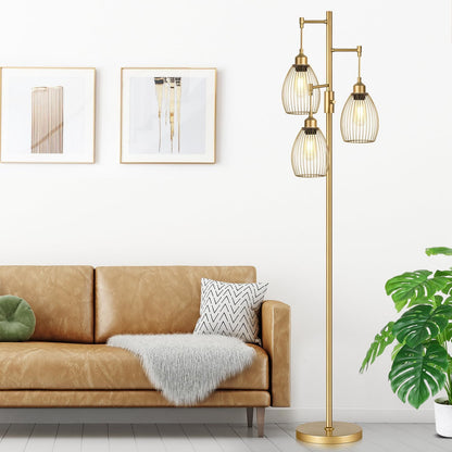 WAF-TOP Dimmable Gold Floor Lamps for Living Room, 3 Light Tall Floor Lamps for Bedroom with 3 Elegant Teardrop Cage Heads & 800 Lumens LED Edison Bulbs, for Living & Reading Room, Bedroom, Office & Nursery