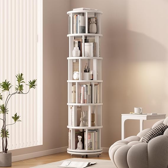 WAF-TOP Solid Wood Rotating Bookshelf on Wheels, 6 Tier, Round Revolving Bookcase, 360° Spinning Book Shelf Tower for Kids, Narrow Rolling Bookshelves for Small Space, Corner, Bedroom, Office, White
