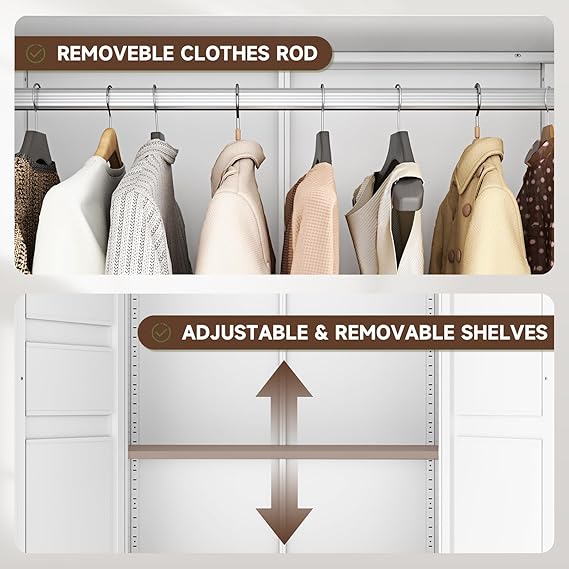 WAF-TOP Metal Armoire Wardrobe Closet with 2 Drawers,18" Deep Clothing Storage Cabinet with Doors and Shelves,Coat Closet with Hanging Rod,Bedroom,Home,Cloak Room,White