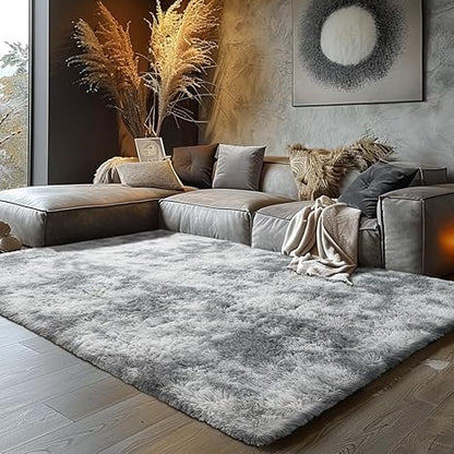 FLICKERGIFT Shag Area Rugs for Bedroom Living Room,8X10 Ultra Soft Fluffy Area Rugs for Dorm, Indoor Carpet Nursery Rugs for Kids Girls Room Home Decor,Tie-Dye Grey