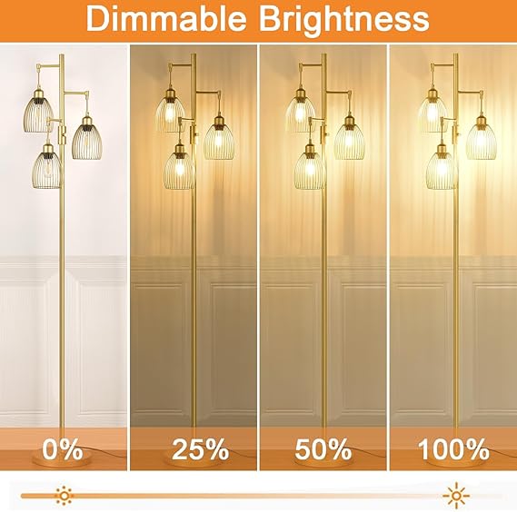 WAF-TOP Dimmable Gold Floor Lamps for Living Room, 3 Light Tall Floor Lamps for Bedroom with 3 Elegant Teardrop Cage Heads & 800 Lumens LED Edison Bulbs, for Living & Reading Room, Bedroom, Office & Nursery