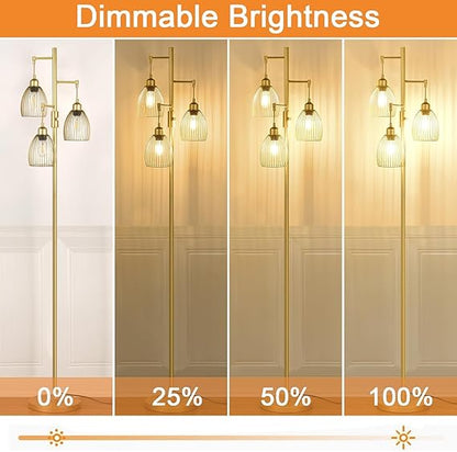 WAF-TOP Dimmable Gold Floor Lamps for Living Room, 3 Light Tall Floor Lamps for Bedroom with 3 Elegant Teardrop Cage Heads & 800 Lumens LED Edison Bulbs, for Living & Reading Room, Bedroom, Office & Nursery