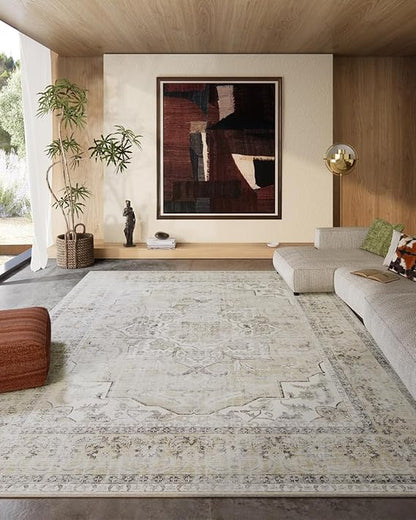 FLICKERGIFT 8x10 Area Rugs for Living Room: Washable Rug Non Slip Low Pile Soft Faux Wool Non Shedding Vintage Boho Large Carpet Rugs for Bedroom Dining Room Kitchen Nursery Under Table Home Office Farmhouse