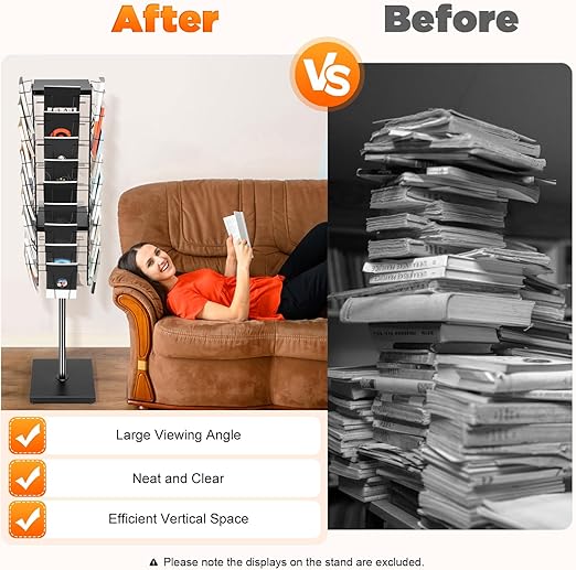 WAF-TOP  36 Pockets-360° Rotating Magazine Rack, Floor Standing Pamphlet Literature Organizer, Comic Book Brochure Display Stand, for Retail Store, Office, Trade Show Exhibition