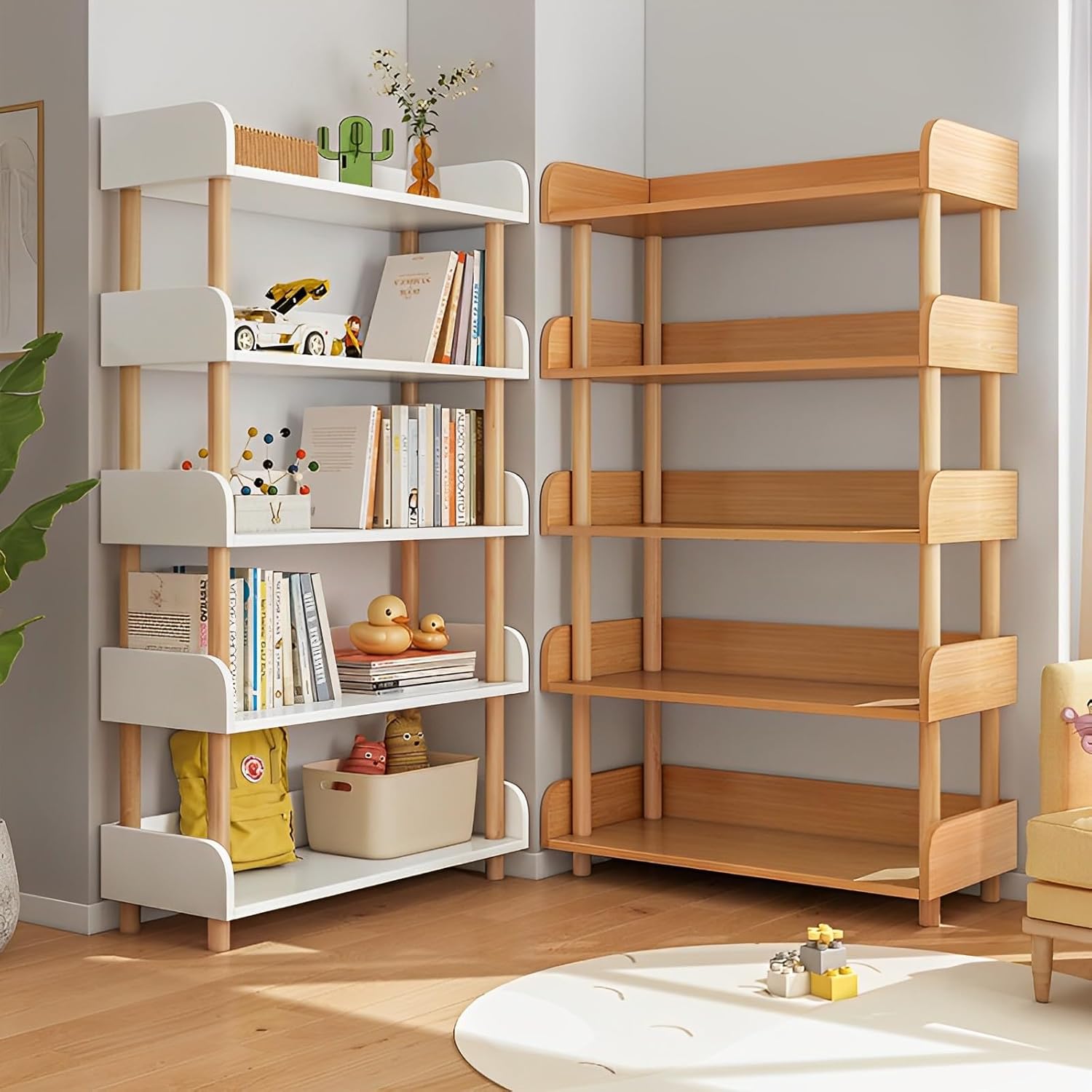 WAF-TOP 5-Tier Wooden Open Bookcase - Modern Display Bookshelf with Top Edge and Solid Wood Frame for Home and Office, Storage Cabinet, Oak