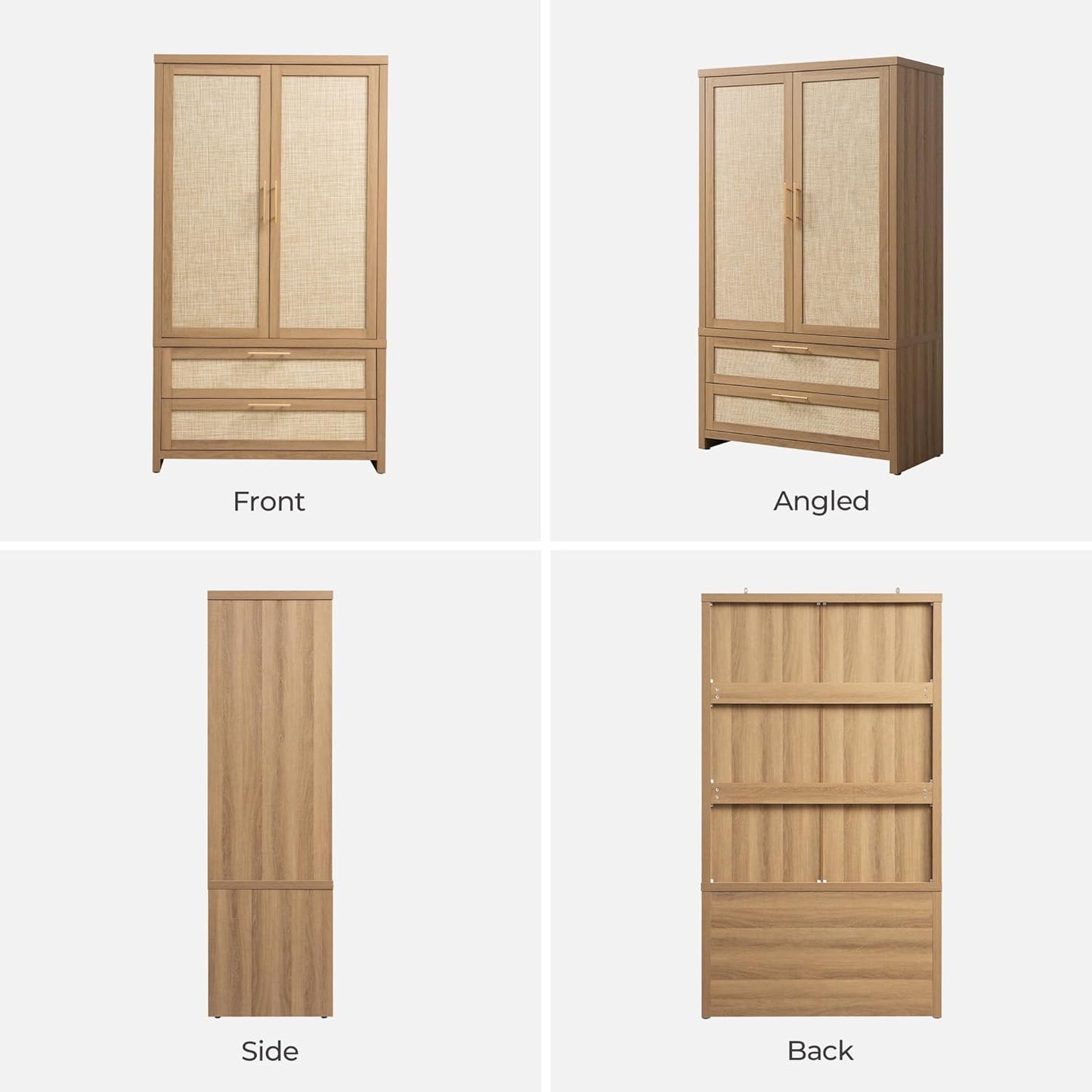 FLICKERGIFT Rattan Armoire Wardrobe Closet Cabinet, 71" Tall Wardrobe Storage Cabinet with 2 Drawers and Hanging Rod, Boho Large-Capacity Deep Armoire Clothes Organizer for Bedroom, Cloak Room, Oak