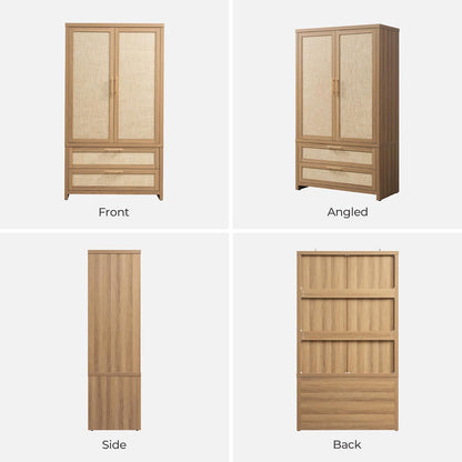 FLICKERGIFT Rattan Armoire Wardrobe Closet Cabinet, 71" Tall Wardrobe Storage Cabinet with 2 Drawers and Hanging Rod, Boho Large-Capacity Deep Armoire Clothes Organizer for Bedroom, Cloak Room, Oak