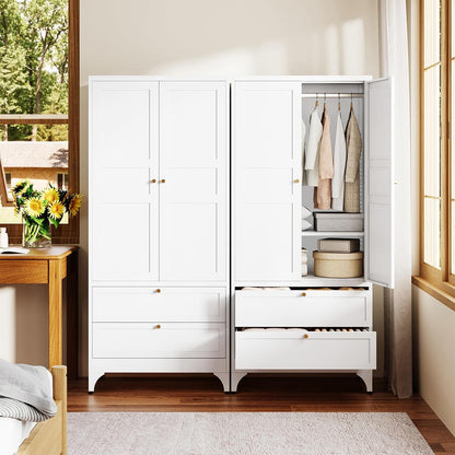FLICKERGIFT Metal Armoire Wardrobe Closet with 2 Drawers,18" Deep Clothing Storage Cabinet with Doors and Shelves,Coat Closet with Hanging Rod,Bedroom,Home,Cloak Room,White