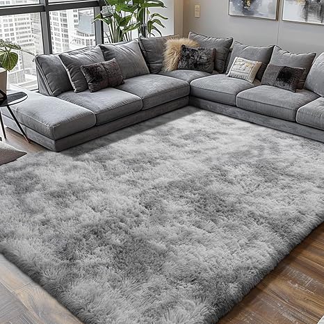 FLICKERGIFT Shag Area Rugs for Bedroom Living Room,8X10 Ultra Soft Fluffy Area Rugs for Dorm, Indoor Carpet Nursery Rugs for Kids Girls Room Home Decor,Tie-Dye Grey