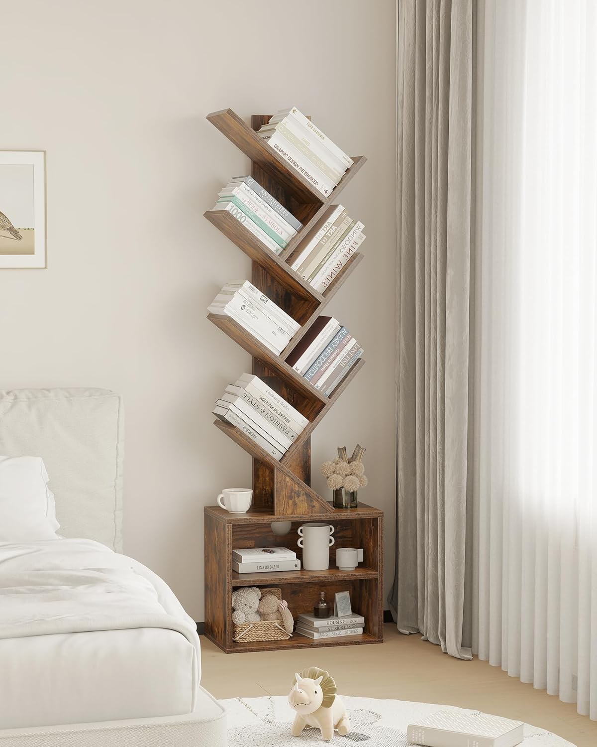FLICKERGIFT Tier Tree Bookshelf, Small Bookcase with Storage Cabinet, Modern Tall Narrow Bookshelves Organizer, Floor Standing Book Shelf for Bedroom/Living Room/Home Office/Corner, Rustic Brown