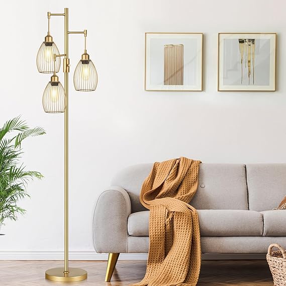 WAF-TOP Dimmable Gold Floor Lamps for Living Room, 3 Light Tall Floor Lamps for Bedroom with 3 Elegant Teardrop Cage Heads & 800 Lumens LED Edison Bulbs, for Living & Reading Room, Bedroom, Office & Nursery