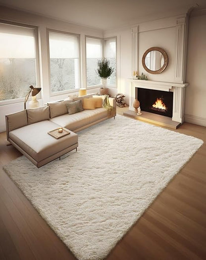 FLICKERGIFT 8x10 Area Rugs for Living Room, Washable Non-Slip Fluffy Soft Large Shag Bedroom Carpet, Ivory Big Indoor Nursery Rug, Carpets for Boy and Girls Room Dorm Home Decor Aesthetic