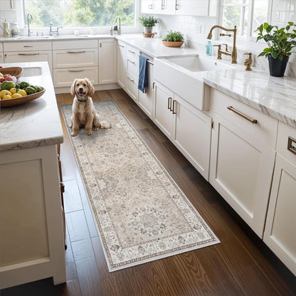 FLICKERGIFT 2x6 Hallway Washable Runner Rug : Vintage Soft Kitchen Laundry Runner with Non Slip Backing Farmhouse Entryway Living Room Floor Mat Stain Resistant Carpet for Bedroom Bathroom Distressed Beside Rug