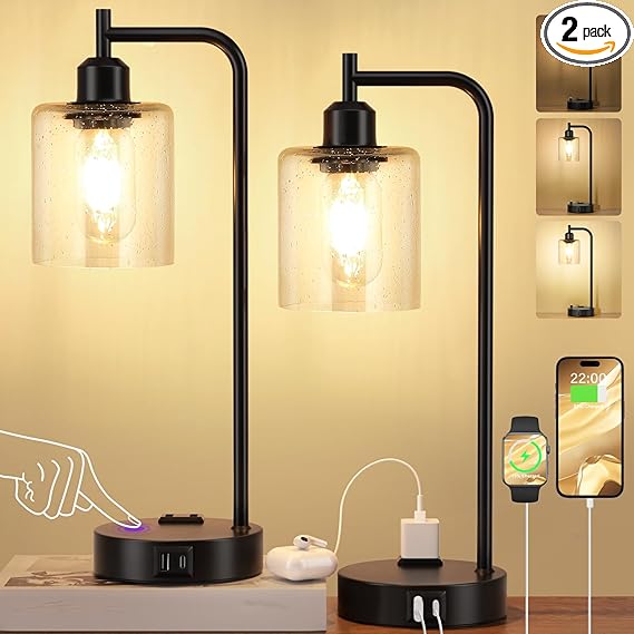 WAF-TOP Industrial Touch Table Lamps for Bedrooms Set of 2 - 3-Way Dimmable Lamps with USB C+A Ports and Outlet, Black Bedside Lamps with Seeded Clear Glass Shade for Living Room, Desk Lamps for Home Office