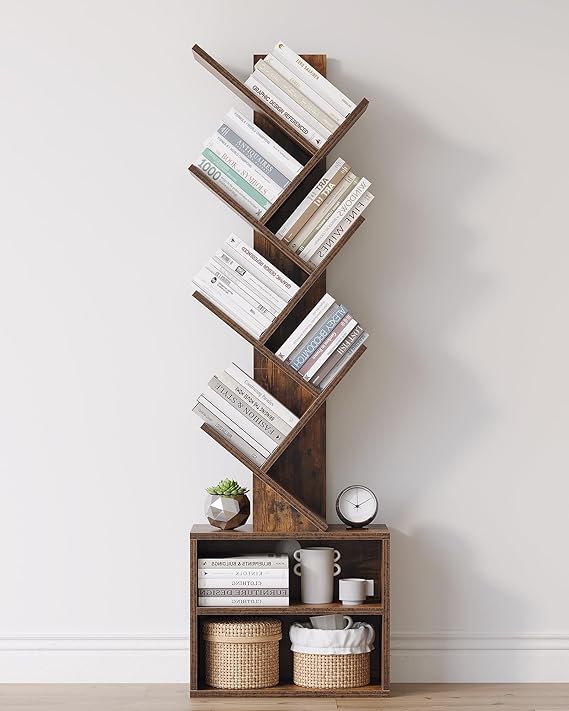 WAF-TOP Tier Tree Bookshelf, Small Bookcase with Storage Cabinet, Modern Tall Narrow Bookshelves Organizer, Floor Standing Book Shelf for Bedroom/Living Room/Home Office/Corner, Rustic Brown