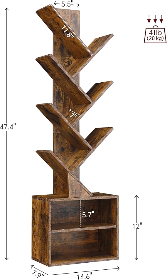 WAF-TOP Tier Tree Bookshelf, Small Bookcase with Storage Cabinet, Modern Tall Narrow Bookshelves Organizer, Floor Standing Book Shelf for Bedroom/Living Room/Home Office/Corner, Rustic Brown