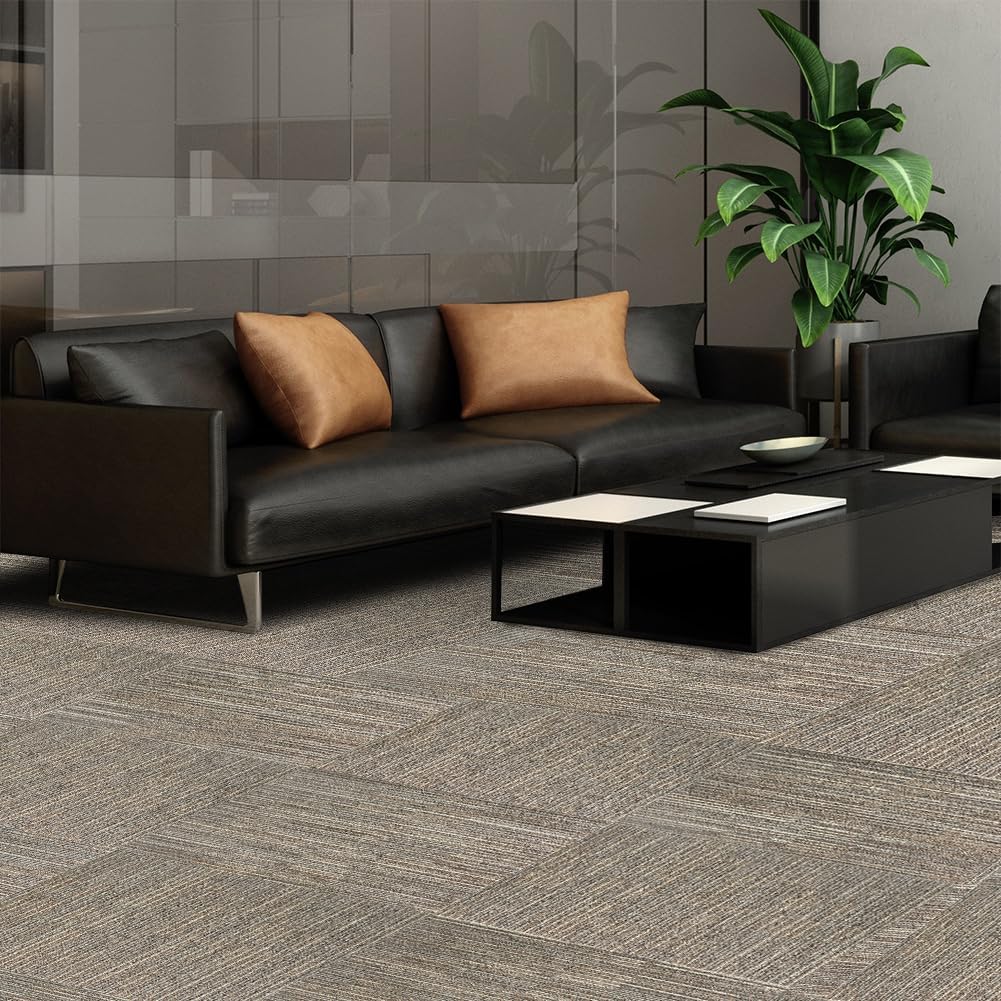 FLICKERGIFT Heavy Duty Bedroom Carpet Tiles, 24" x 24", Non-Slip Soft Commercial Square Floor Tile, 18 Pieces/72 sq ft, FlexLok Tabs Included, for Office Living Room Kitchen Basement Gym