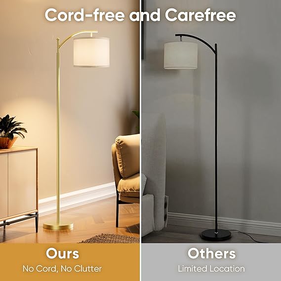 WAF-TOP  Battery Operated Floor Lamp, RGB Dimmable Cordless Standing Lamp with Remote Control for Living Room, Tall Floor Lamp for Bedroom -Gold