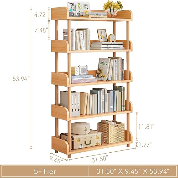 WAF-TOP 5-Tier Wooden Open Bookcase - Modern Display Bookshelf with Top Edge and Solid Wood Frame for Home and Office, Storage Cabinet, Oak